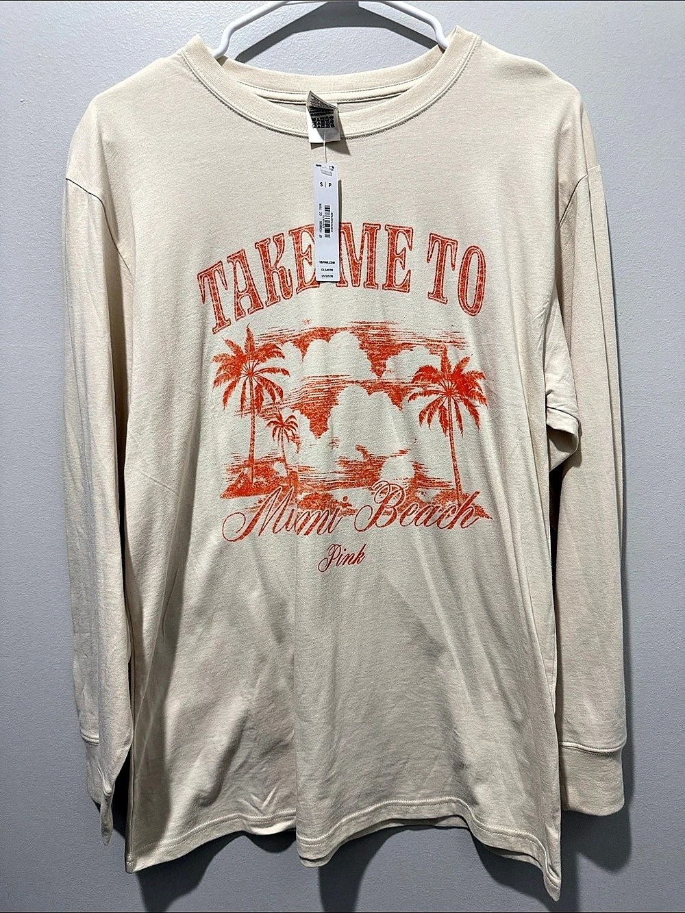 Victoria's Secret PINK Take Me To Miami Beach Long Sleeve Tee in Cream Large